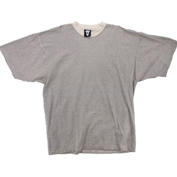 Vintage Beatnik Shirt Mens Size Large Striped Beige Skateboard Surfing 90s USA - Picture 1 of 7